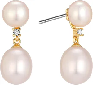 XYJZXY 18K Gold Pearl Stud Earrings for Women Double Pearl Earrings Cubic Zirconia Dangle Drop Earrings Bridal Wedding Jewelry