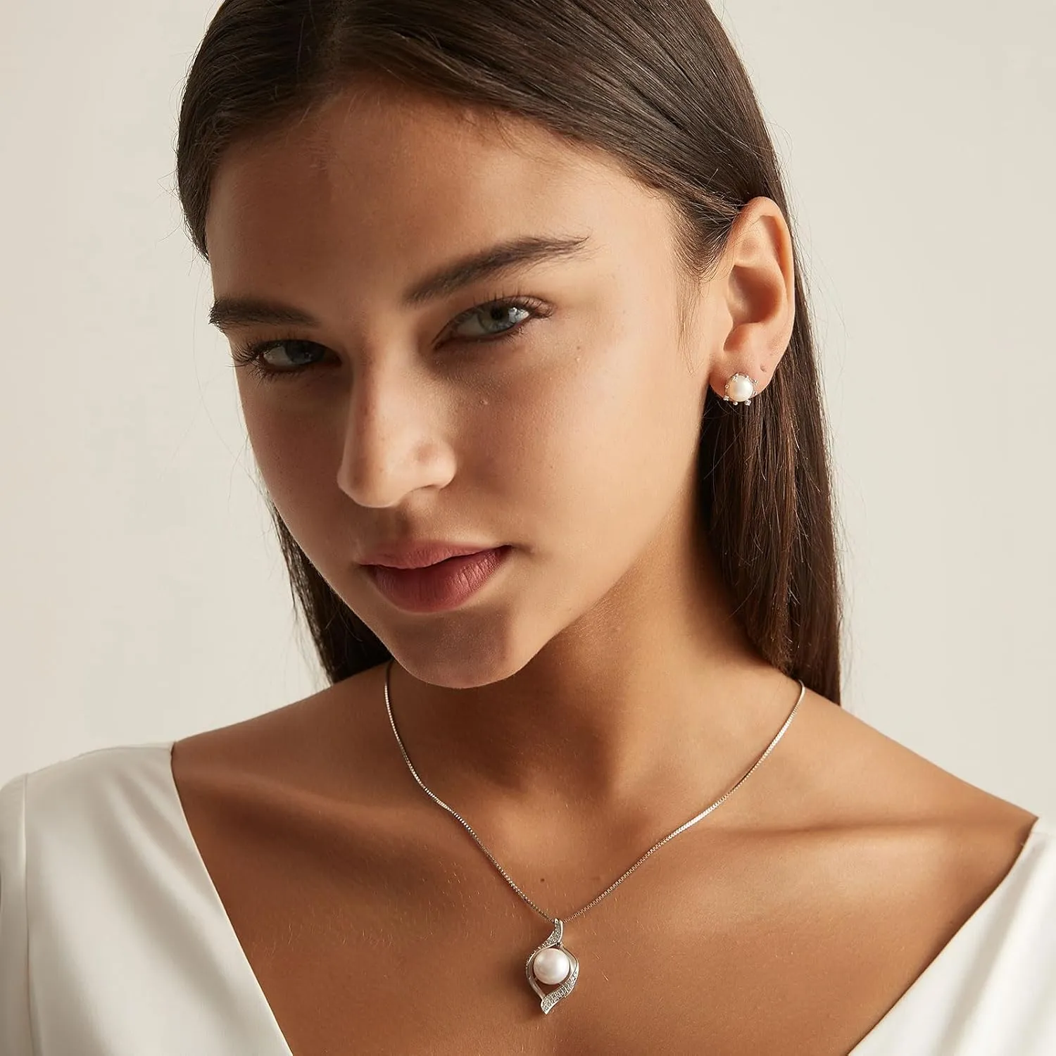 YAMI Pearl Necklace and Earring Set for Women, 925 Sterling Silver 10MM Cultured Pearls Pendant Necklace Pearl Stud Earrings Jewelry Set, 18Inch 2" Box Chain, Gifts for Mother Wife Her