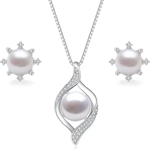 YAMI Pearl Necklace and Earring Set for Women, 925 Sterling Silver 10MM Cultured Pearls Pendant Necklace Pearl Stud Earrings Jewelry Set, 18Inch 2" Box Chain, Gifts for Mother Wife Her