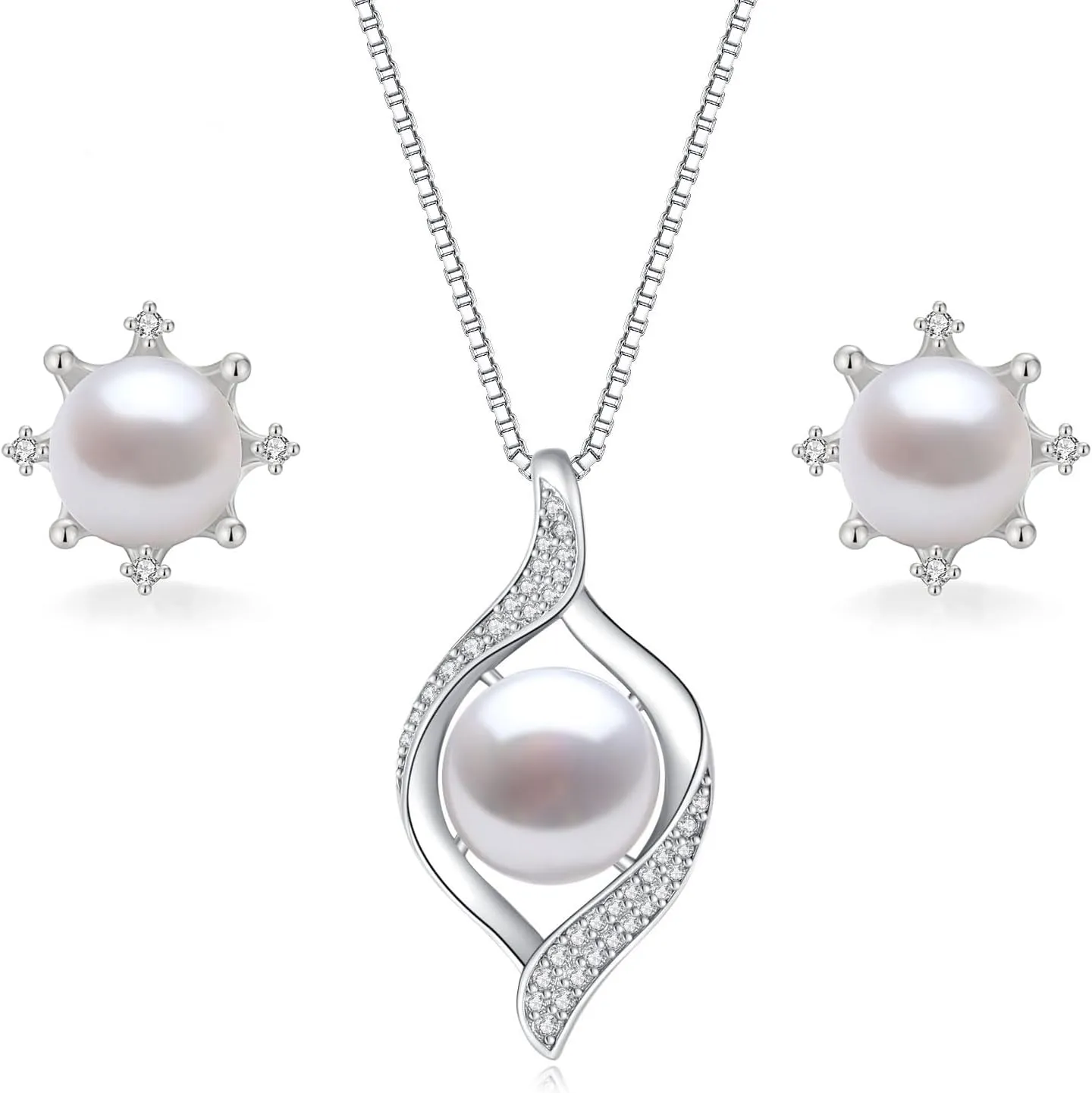 YAMI Pearl Necklace and Earring Set for Women, 925 Sterling Silver 10MM Cultured Pearls Pendant Necklace Pearl Stud Earrings Jewelry Set, 18Inch 2" Box Chain, Gifts for Mother Wife Her