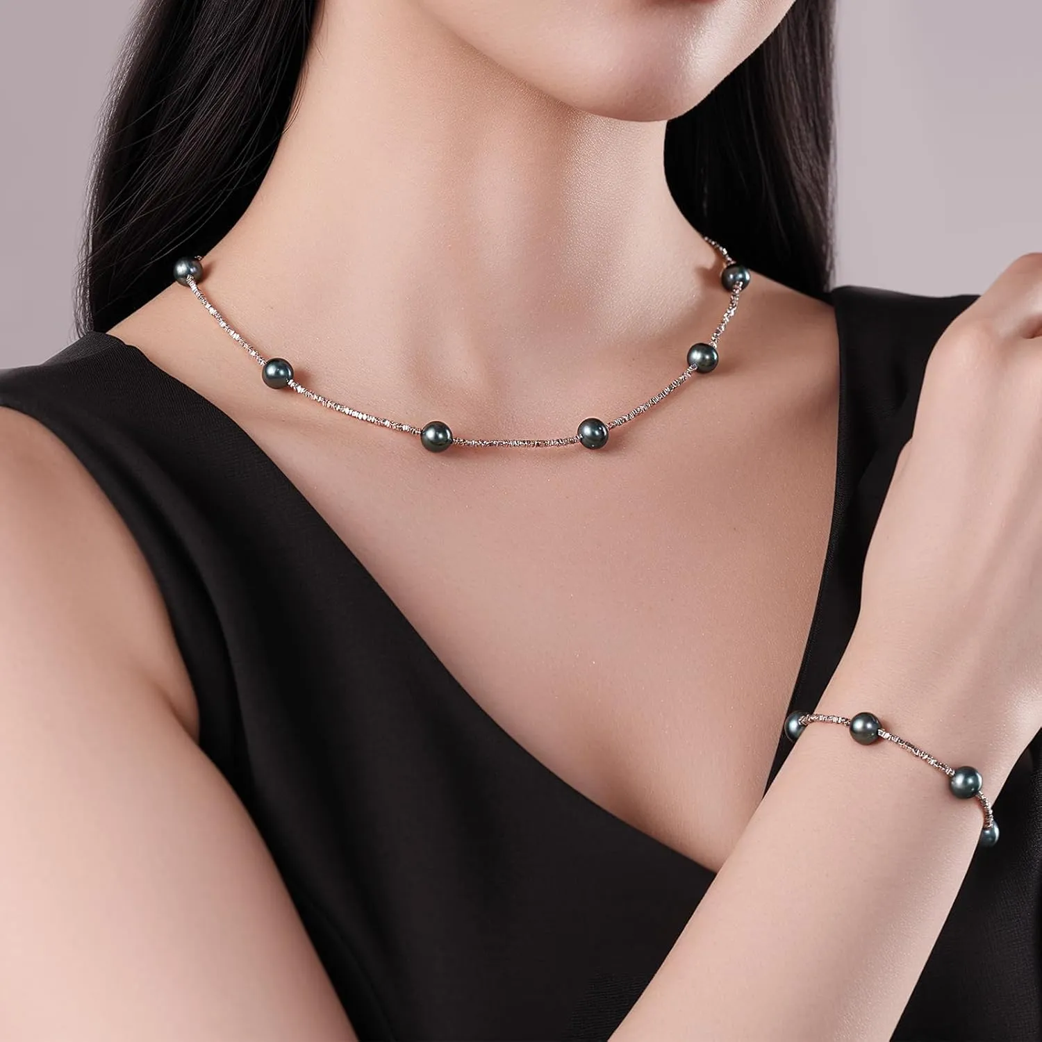 YAMI Pearl Necklace and Earrings Set - Natural Cultured Pearls with 925 Sterling Silver Nuggets, Luxury Jewelry Set for Weddings, Formal Events, or Everyday Wear, 18 2IN