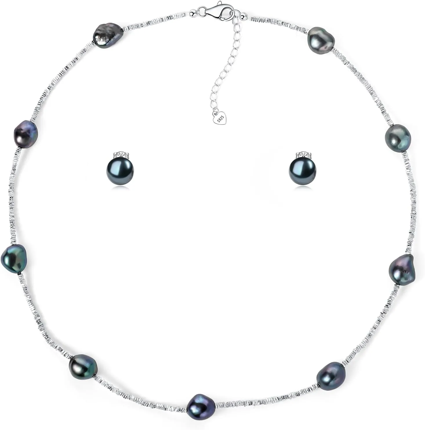 YAMI Pearl Necklace and Earrings Set - Natural Cultured Pearls with 925 Sterling Silver Nuggets, Luxury Jewelry Set for Weddings, Formal Events, or Everyday Wear, 18 2IN