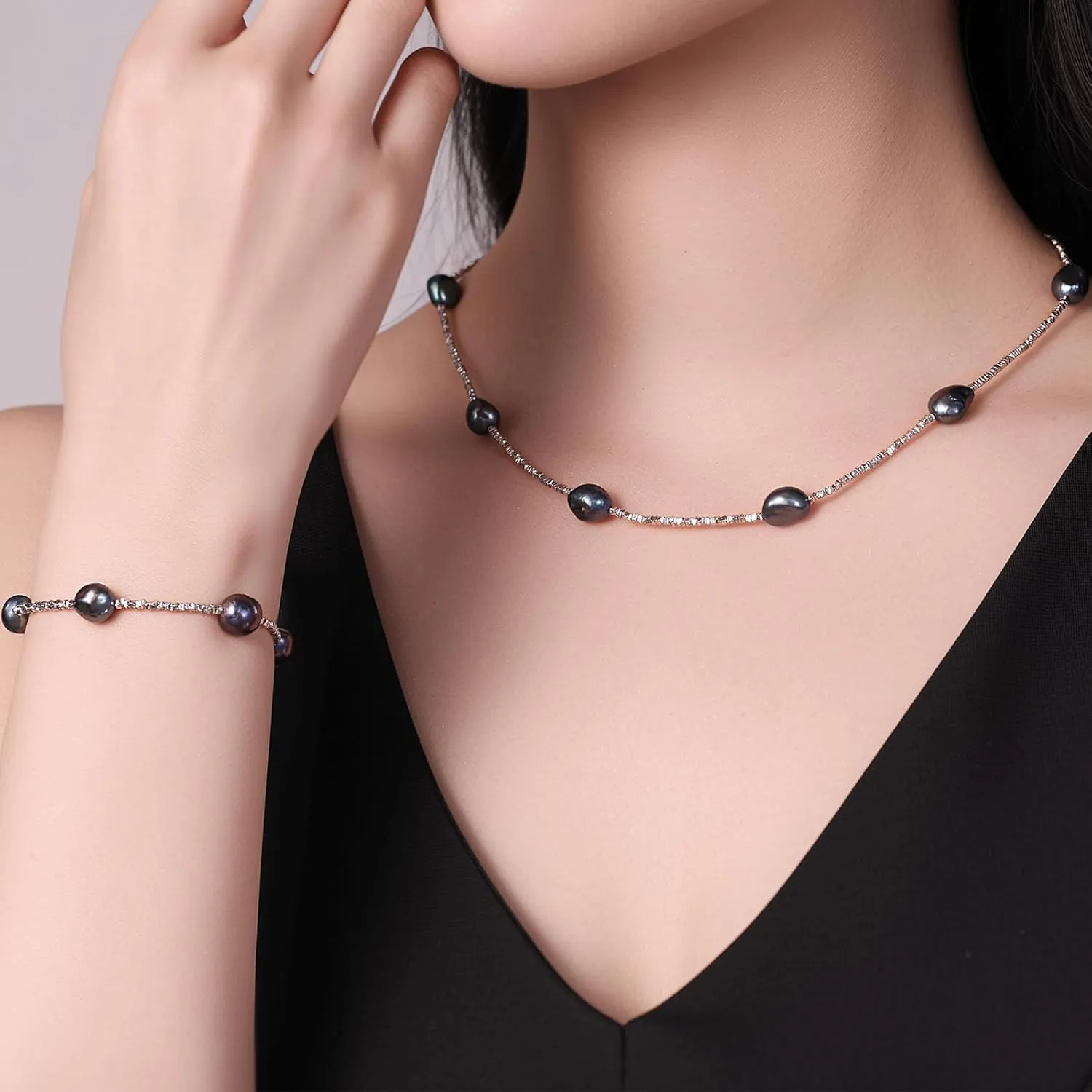 YAMI Pearl Necklace and Earrings Set - Natural Cultured Pearls with 925 Sterling Silver Nuggets, Luxury Jewelry Set for Weddings, Formal Events, or Everyday Wear, 18 2IN