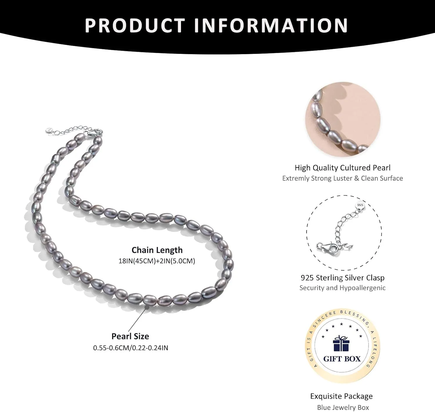 YAMI Pearl Necklace, Natural Saltwater/Freshwater Cultured Pearls with 925 Sterling Silver Clasp, Elegant Anniversary & Mother's Day Jewelry Gift for Women, Grey/Black/Purple/Pink Pearl