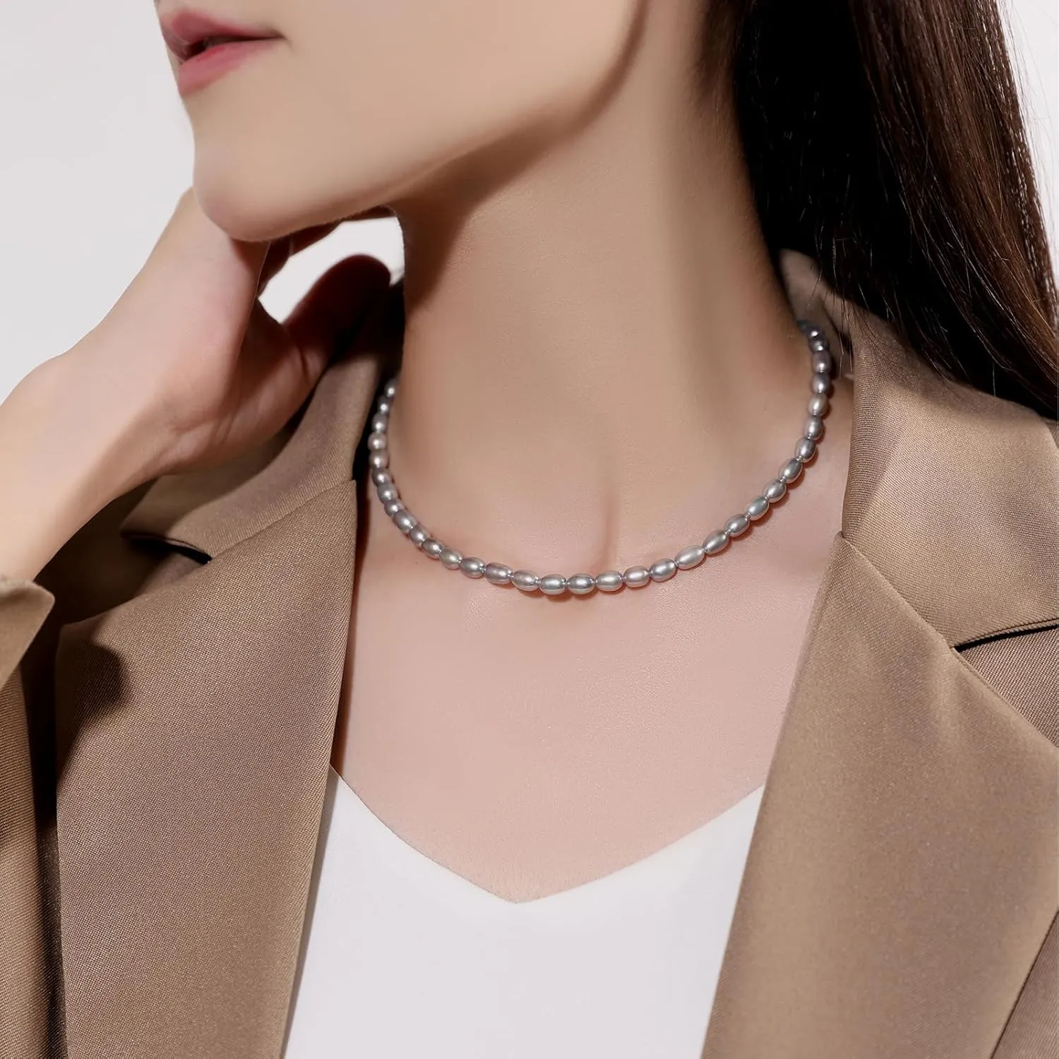 YAMI Pearl Necklace, Natural Saltwater/Freshwater Cultured Pearls with 925 Sterling Silver Clasp, Elegant Anniversary & Mother's Day Jewelry Gift for Women, Grey/Black/Purple/Pink Pearl