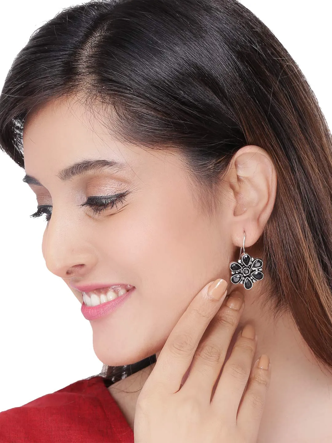 Yellow Chimes Oxidised Drop Earrings for Women Silver Oxidised Handmand Floral Charm Studded Black Stone Drop Earrings Women And Girls.
