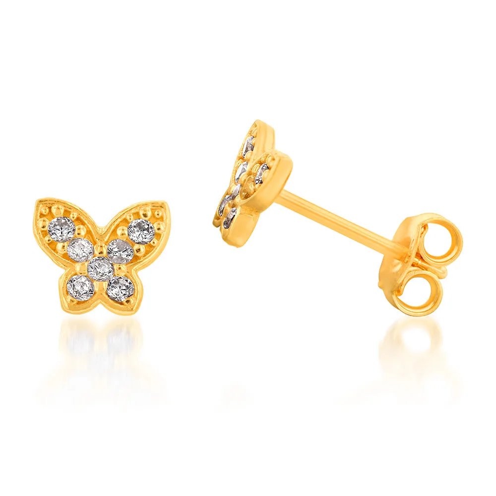 Yellow Gold Plated Sterling Silver Cubic Zirconia On Butterfly On Stud Earrings