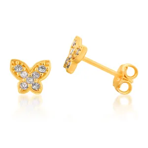 Yellow Gold Plated Sterling Silver Cubic Zirconia On Butterfly On Stud Earrings