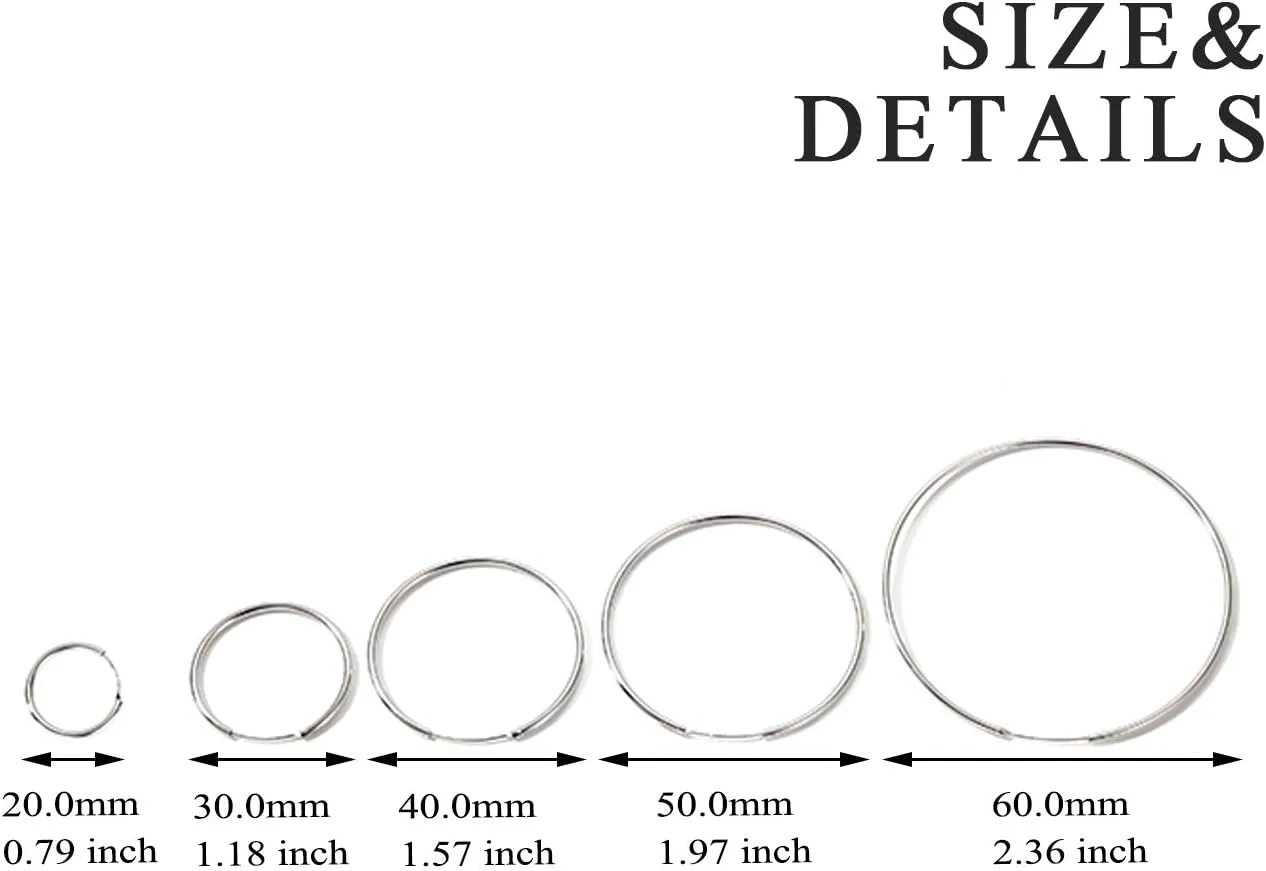 YFN Hoop Earrings Sterling Silver Polished Round Circle Endless Earrings Diameter 20,30,40,50,60,70,80mm