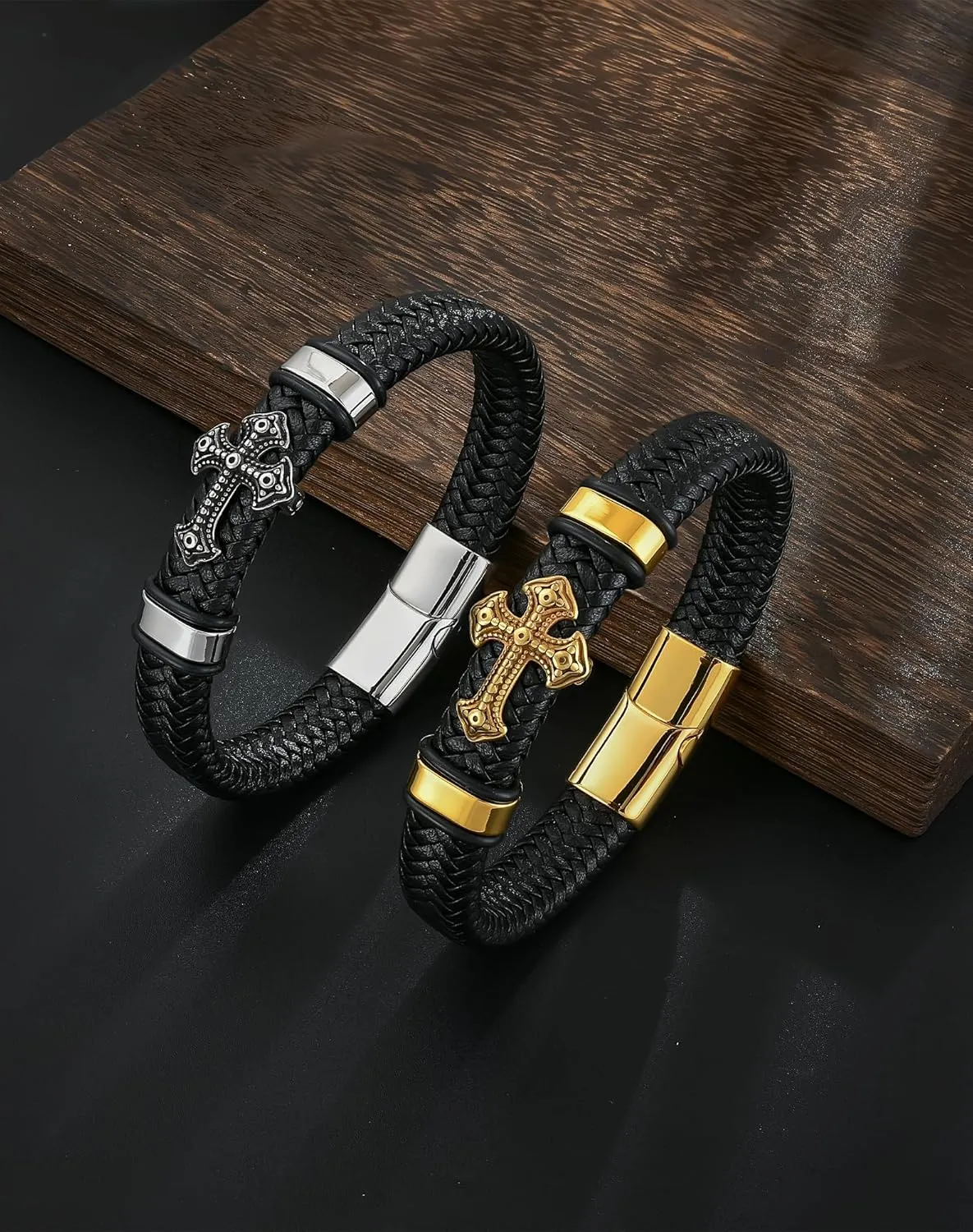 YL Ankh Cross Christian Mens Bracelet, Religious Handcrafted Black Braided Leather Cuff Stainless Steel Bangle Punk Wristband Jewelry for Men Women