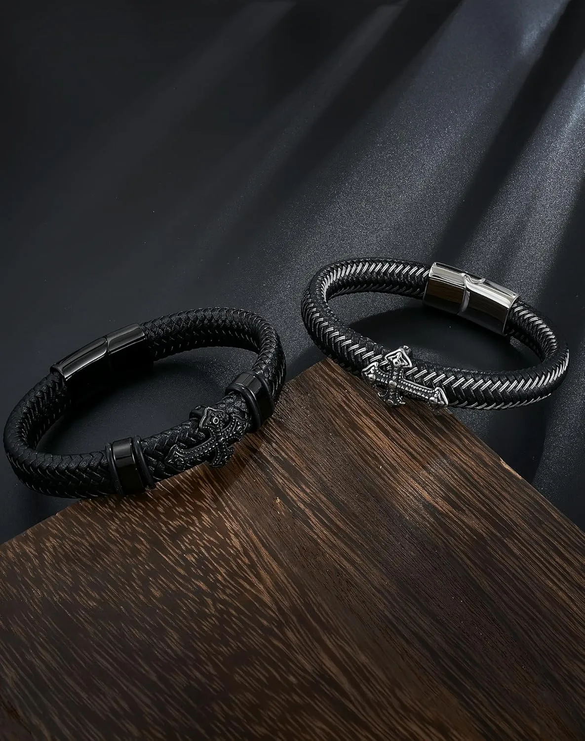 YL Ankh Cross Christian Mens Bracelet, Religious Handcrafted Black Braided Leather Cuff Stainless Steel Bangle Punk Wristband Jewelry for Men Women