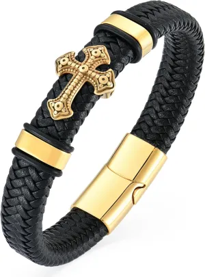 YL Ankh Cross Christian Mens Bracelet, Religious Handcrafted Black Braided Leather Cuff Stainless Steel Bangle Punk Wristband Jewelry for Men Women