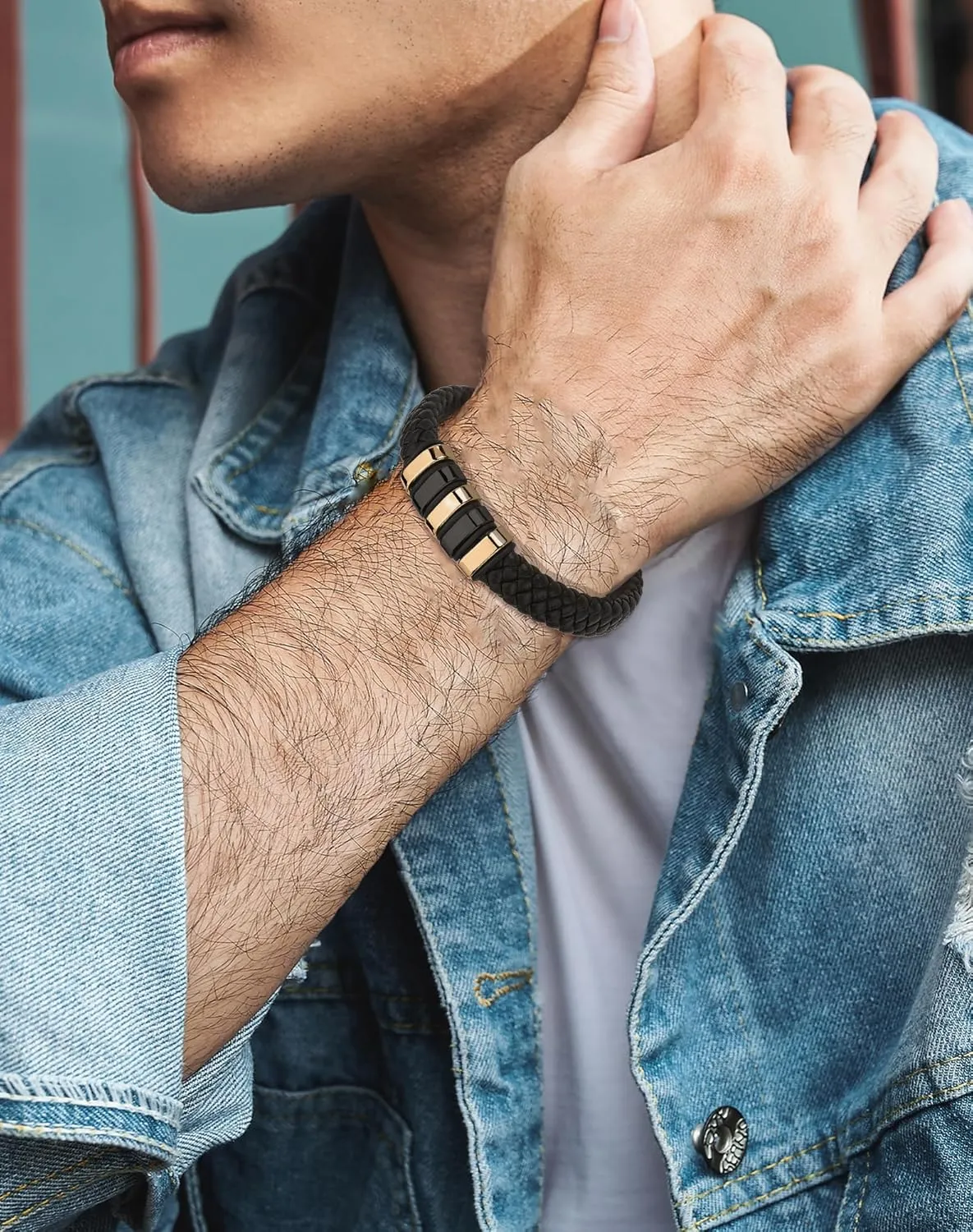YL Black Braided Leather Mens Bracelet, Handcrafted Stainless Steel Cuff Bangle Punk Wristband Jewelry for Men Women