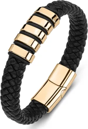 YL Black Braided Leather Mens Bracelet, Handcrafted Stainless Steel Cuff Bangle Punk Wristband Jewelry for Men Women