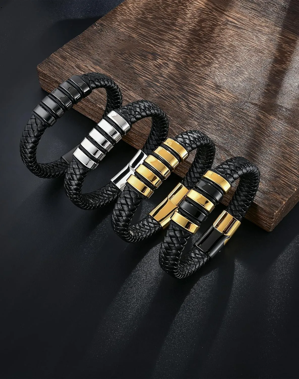 YL Black Braided Leather Mens Bracelet, Handcrafted Stainless Steel Cuff Bangle Punk Wristband Jewelry for Men Women