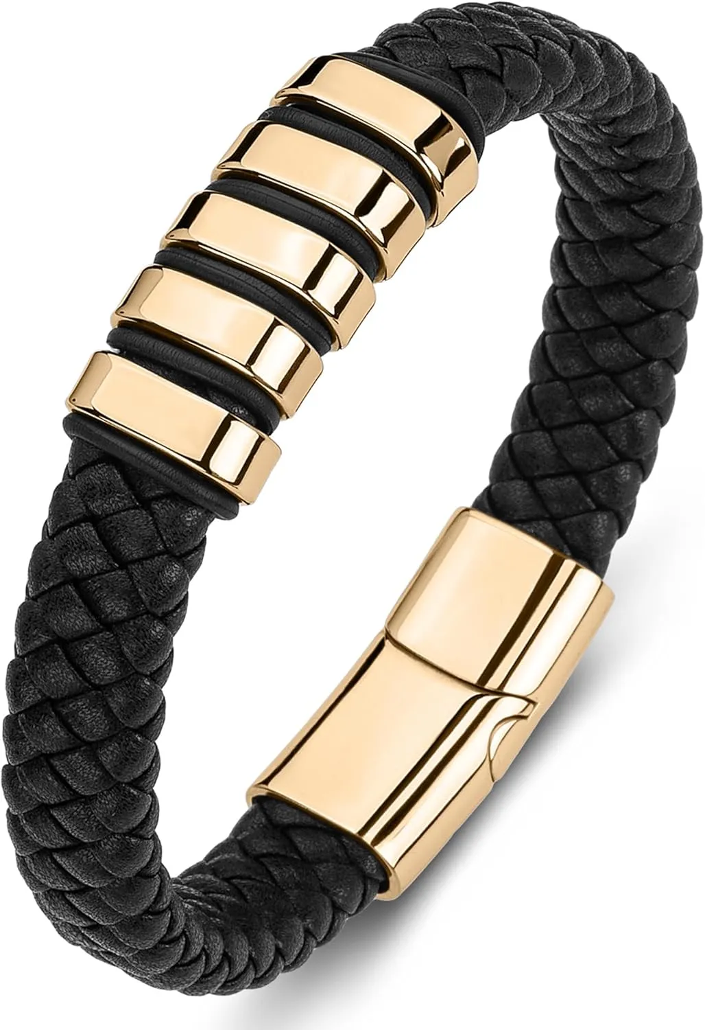 YL Black Braided Leather Mens Bracelet, Handcrafted Stainless Steel Cuff Bangle Punk Wristband Jewelry for Men Women