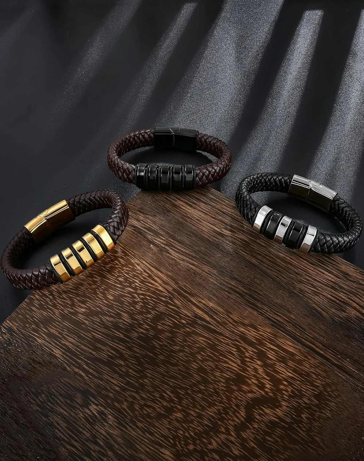 YL Black Braided Leather Mens Bracelet, Handcrafted Stainless Steel Cuff Bangle Punk Wristband Jewelry for Men Women