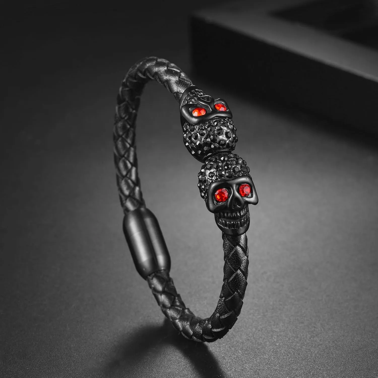YL Double Skull Mens Cuff Bracelet, Handcrafted Black Braided Leather Black Stainless Steel Skeleton Bangle Punk Wristband Jewelry for Men Women