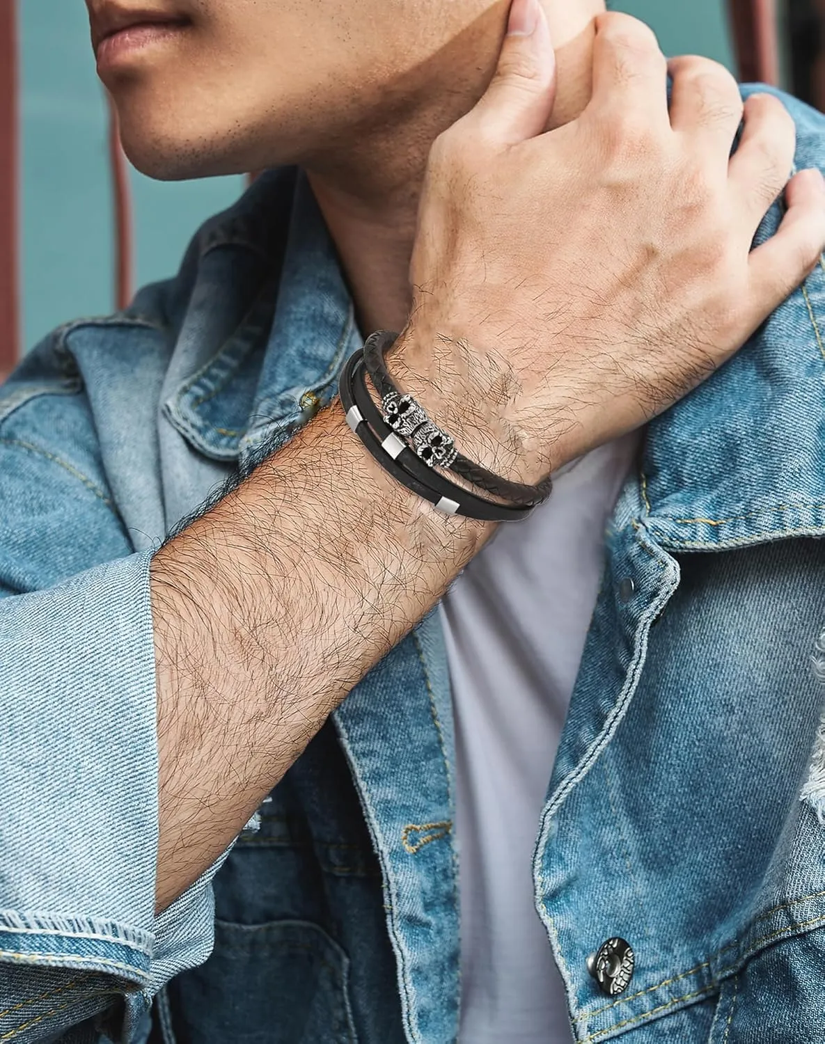 YL Double Skull Mens Cuff Bracelet, Handcrafted Black Braided Leather Black Stainless Steel Skeleton Bangle Punk Wristband Jewelry for Men Women