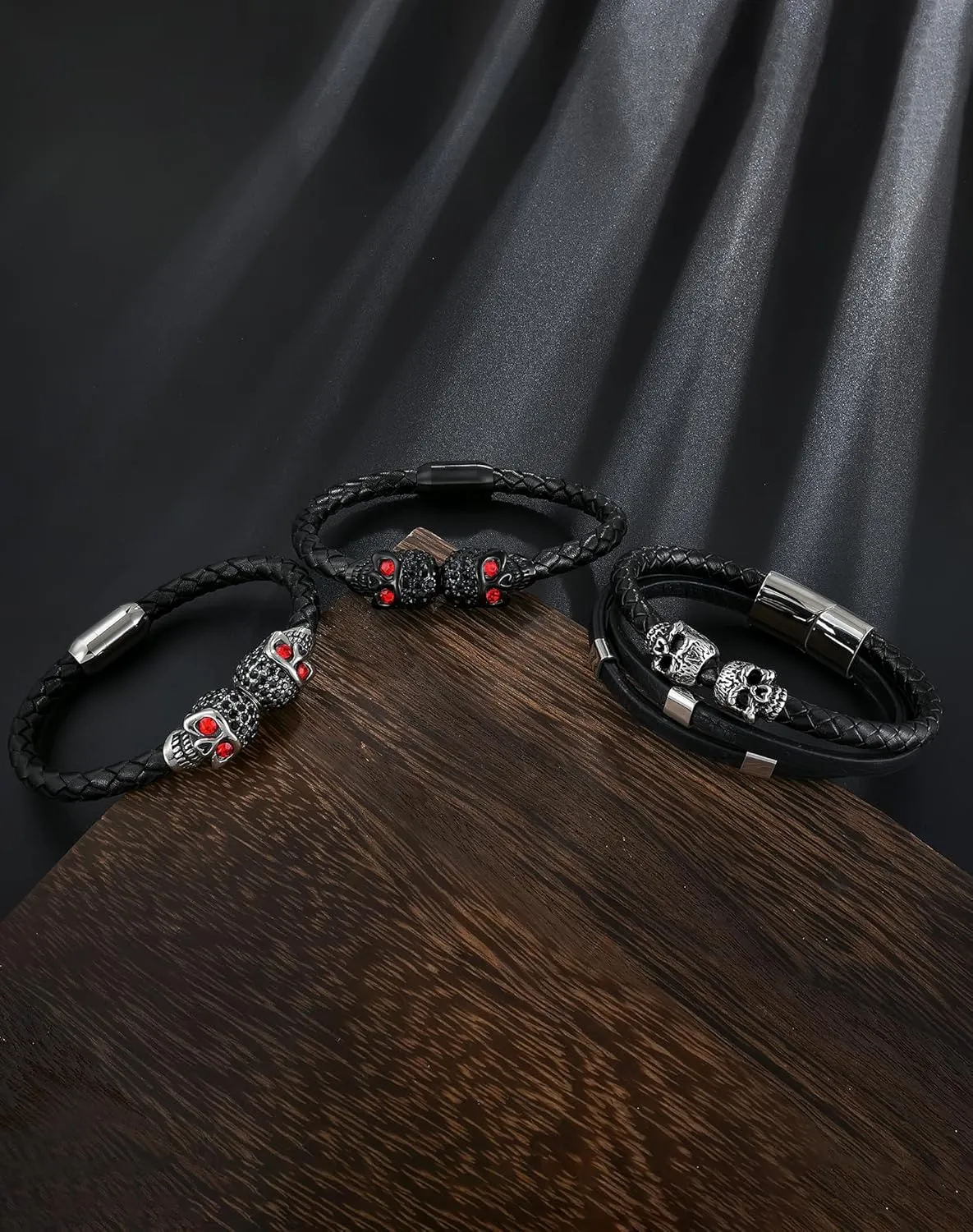 YL Double Skull Mens Cuff Bracelet, Handcrafted Black Braided Leather Black Stainless Steel Skeleton Bangle Punk Wristband Jewelry for Men Women