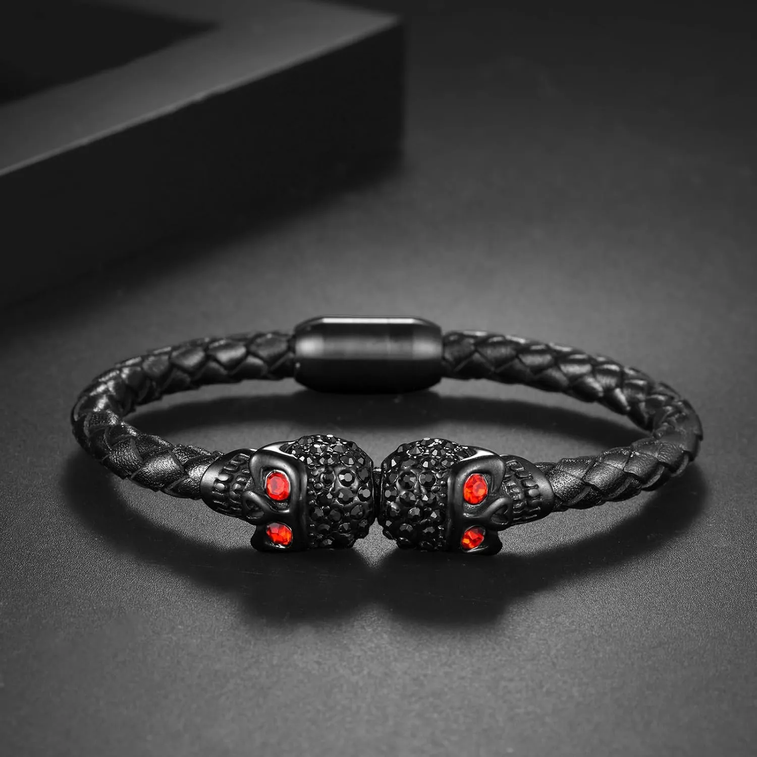 YL Double Skull Mens Cuff Bracelet, Handcrafted Black Braided Leather Black Stainless Steel Skeleton Bangle Punk Wristband Jewelry for Men Women