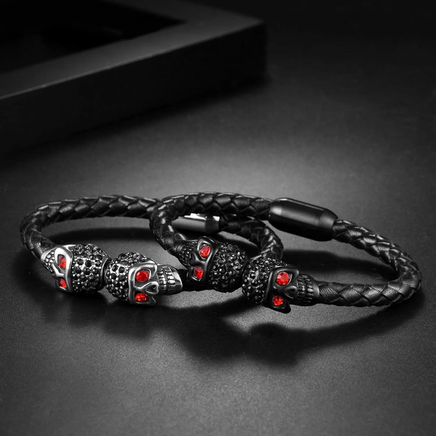 YL Double Skull Mens Cuff Bracelet, Handcrafted Black Braided Leather Black Stainless Steel Skeleton Bangle Punk Wristband Jewelry for Men Women