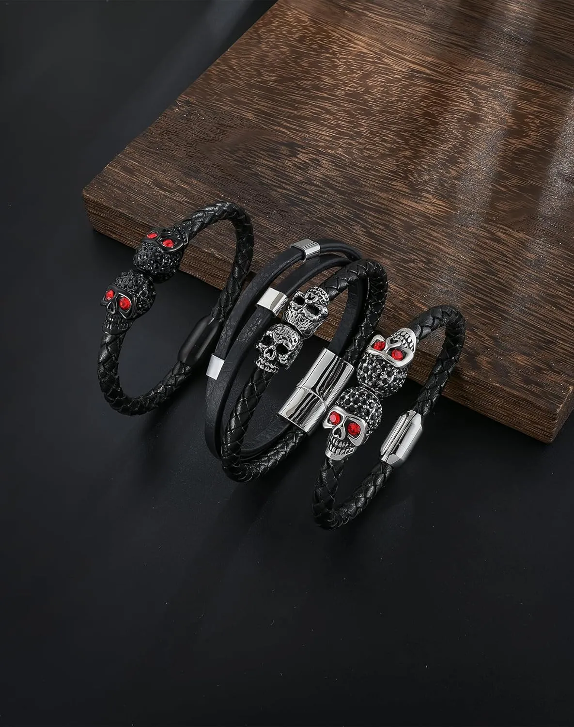 YL Double Skull Mens Cuff Bracelet, Handcrafted Black Braided Leather Black Stainless Steel Skeleton Bangle Punk Wristband Jewelry for Men Women
