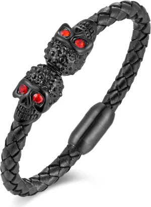 YL Double Skull Mens Cuff Bracelet, Handcrafted Black Braided Leather Black Stainless Steel Skeleton Bangle Punk Wristband Jewelry for Men Women