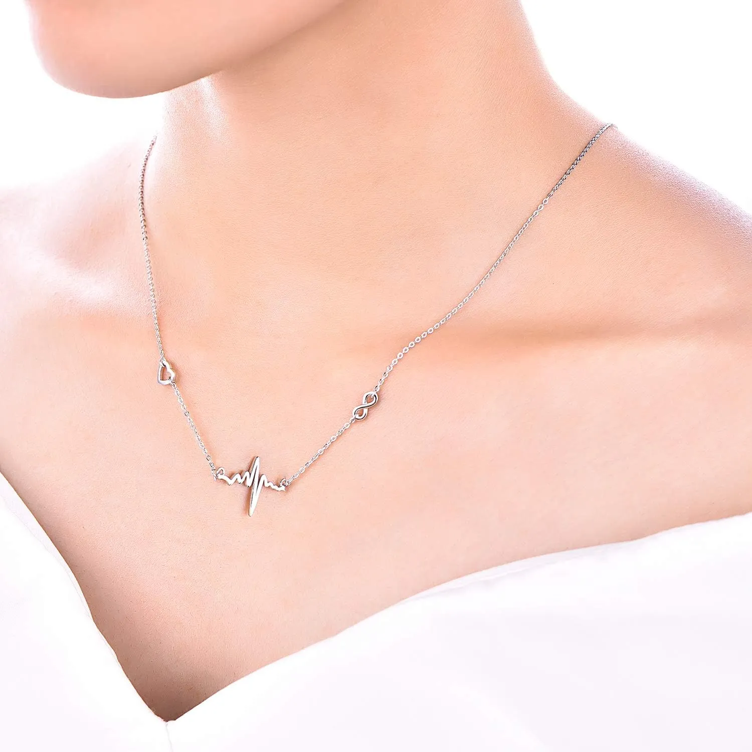 YL Heartbeat Pendant Necklace Sterling Silver Love Heart Earrings Polished Jewelry for Women