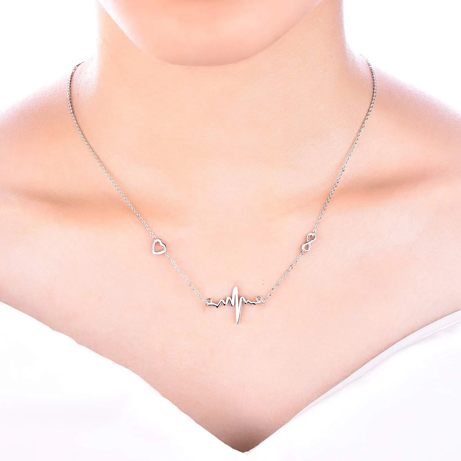 YL Heartbeat Pendant Necklace Sterling Silver Love Heart Earrings Polished Jewelry for Women