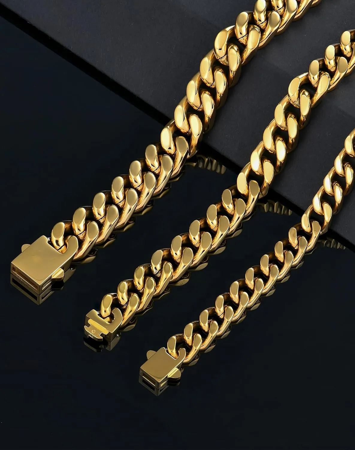 YL Miami Cuban Link Chain Bracelet Solid Stainless Steel, Real 18K Gold/Black Rhodium Filled Punk Wrist for Men Women, Upgrade Buckle Clasp