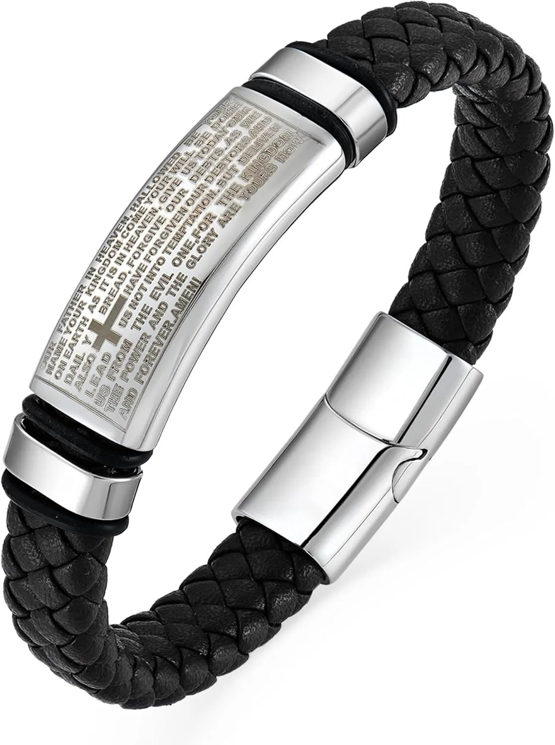 YL Skull Cross Masonic Christian Military Hero Mens Bracelet, Religious Handcrafted Black Braided Leather Cuff Stainless Steel Bangle Punk Wristband Jewelry for Men Women