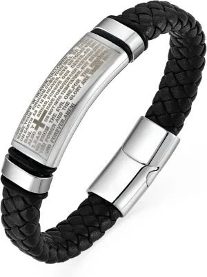 YL Skull Cross Masonic Christian Military Hero Mens Bracelet, Religious Handcrafted Black Braided Leather Cuff Stainless Steel Bangle Punk Wristband Jewelry for Men Women
