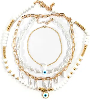 Yomiie 4-in-1 Pearl Body Chain Necklace Set  Teardrop, Heart, Blue Eye, and Round Pearl Necklaces  Layered, Adjustable, Sexy Bikini Beach Summer Jewelry Body Chain for Women Lady