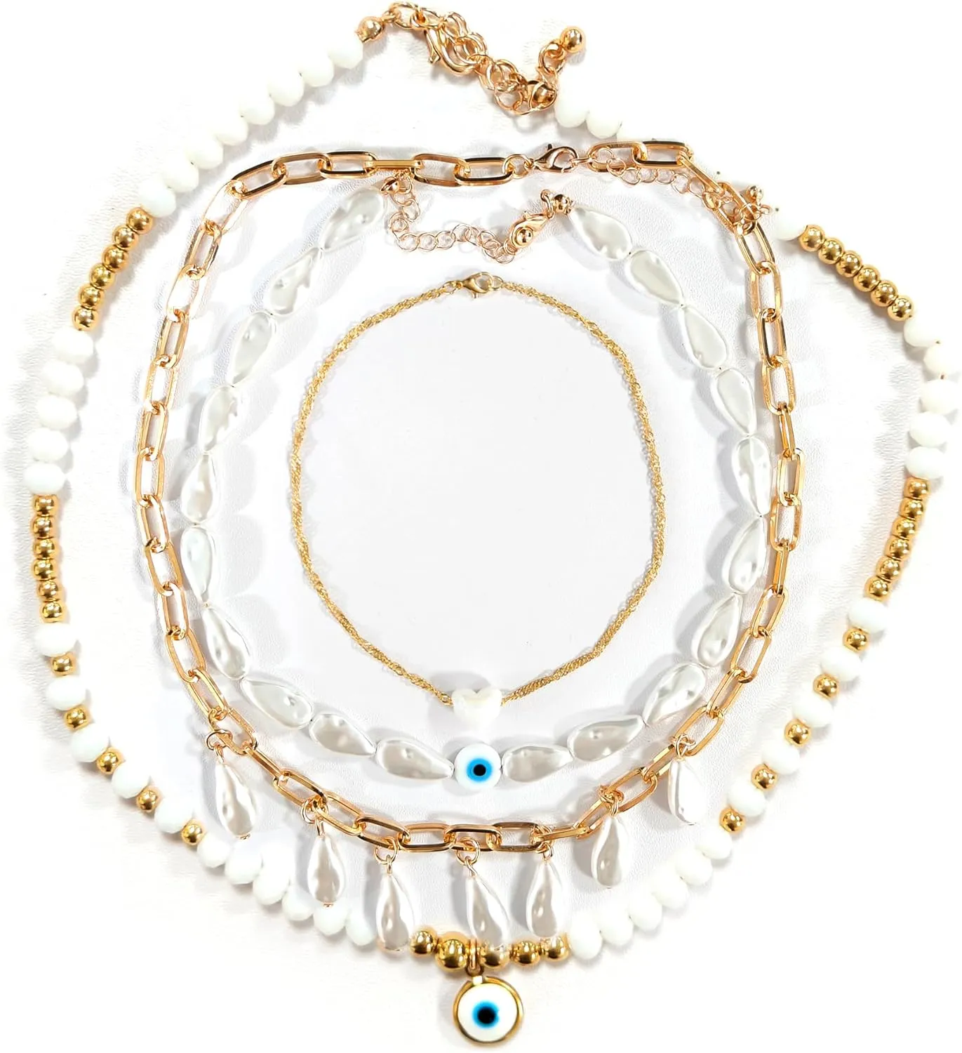Yomiie 4-in-1 Pearl Body Chain Necklace Set  Teardrop, Heart, Blue Eye, and Round Pearl Necklaces  Layered, Adjustable, Sexy Bikini Beach Summer Jewelry Body Chain for Women Lady