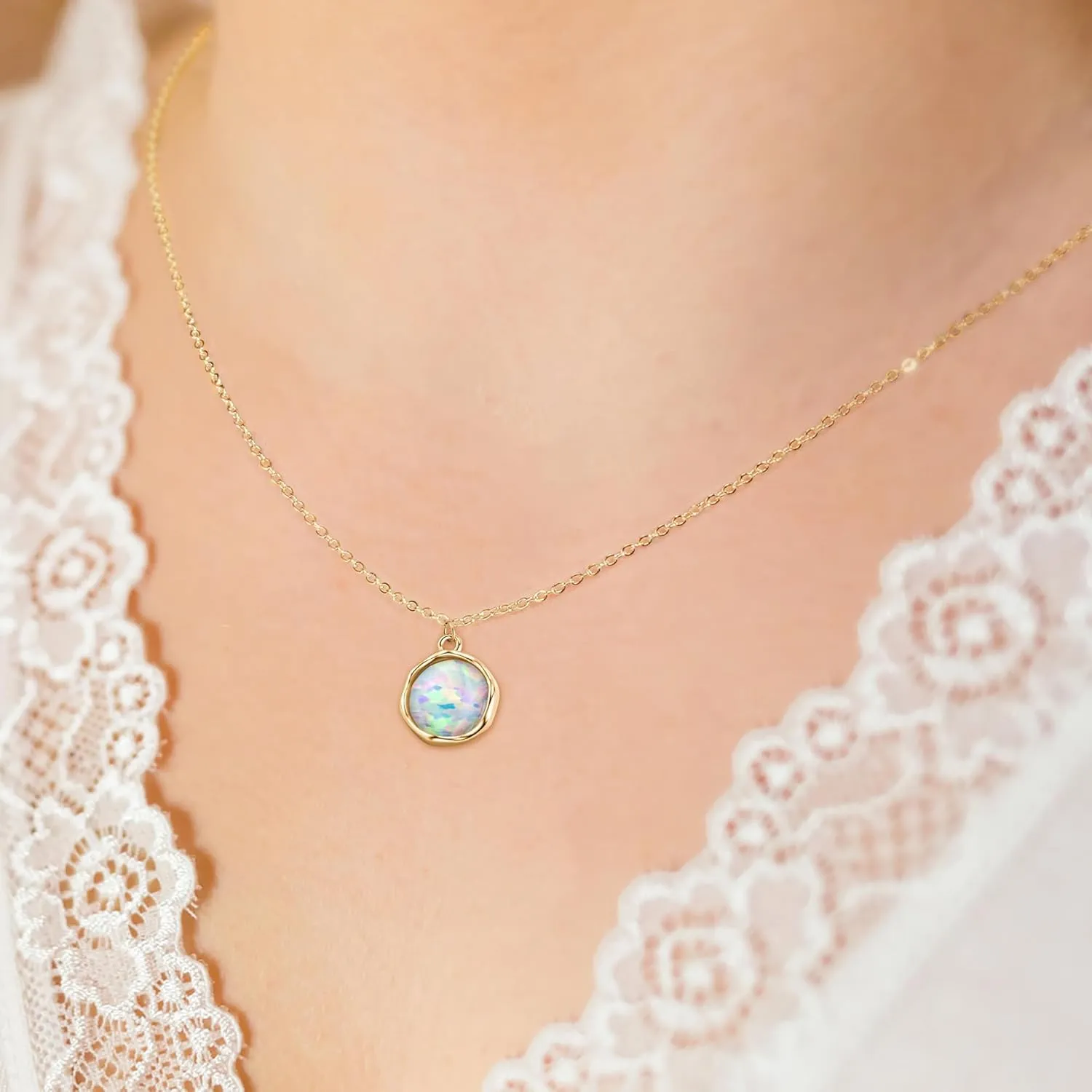 YUNKAI Opal Necklaces for Women Sterling Silver, Pear/Round/Oval Created-Opal Pendants, Dainty Vintage Necklace Fine Jewelry Gift for Birthdays Anniversaries, October Birthstone Pendant