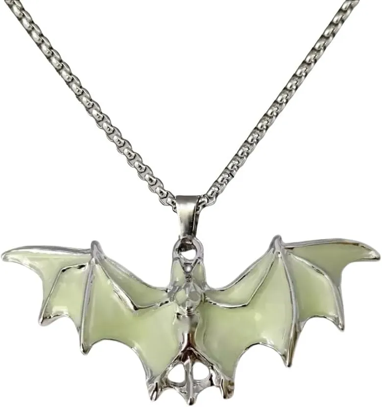 YWMAN Glow in the Dark Bat Pendant Necklace, Stainless Steel Chain, Gothic Halloween Jewelry