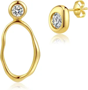 Zaano14k Gold Plated Stud Big Cubic Zircon Hoop Asymmetrical Earrings Dangle Earrings Drop Jewelry For Women Hypoallergenic Geometry Minimalism Polished Gold Hoop Earrings Jewelry Gifts