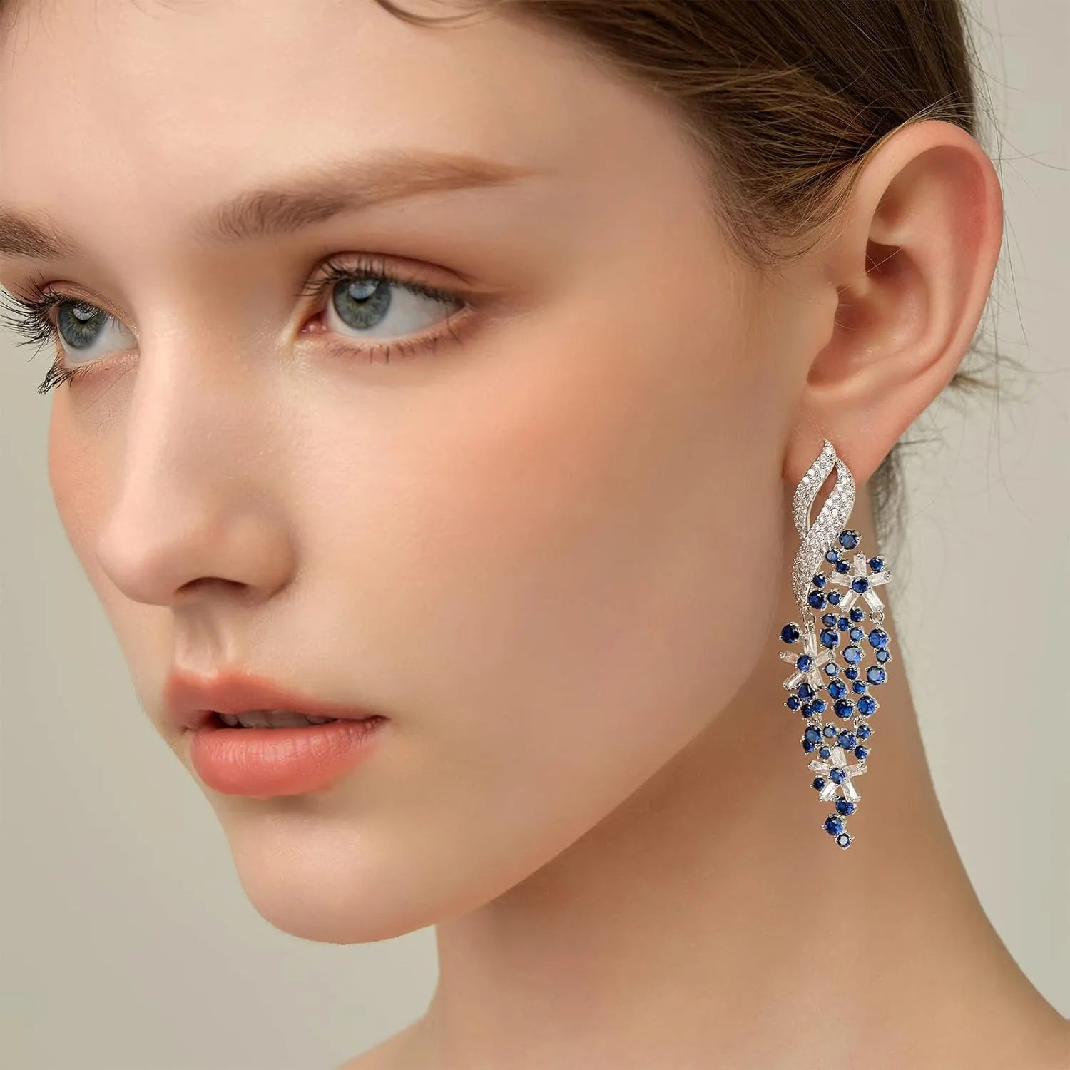 Zircon Gemstone Drop Dangle Earrings, Rhinestone Cluster Earrings Luxury Bridal Flower Fashion Jewelry, 18K Gold Plated 925 Sterling Silver Posts Sparkly Evening Dressy Earrings