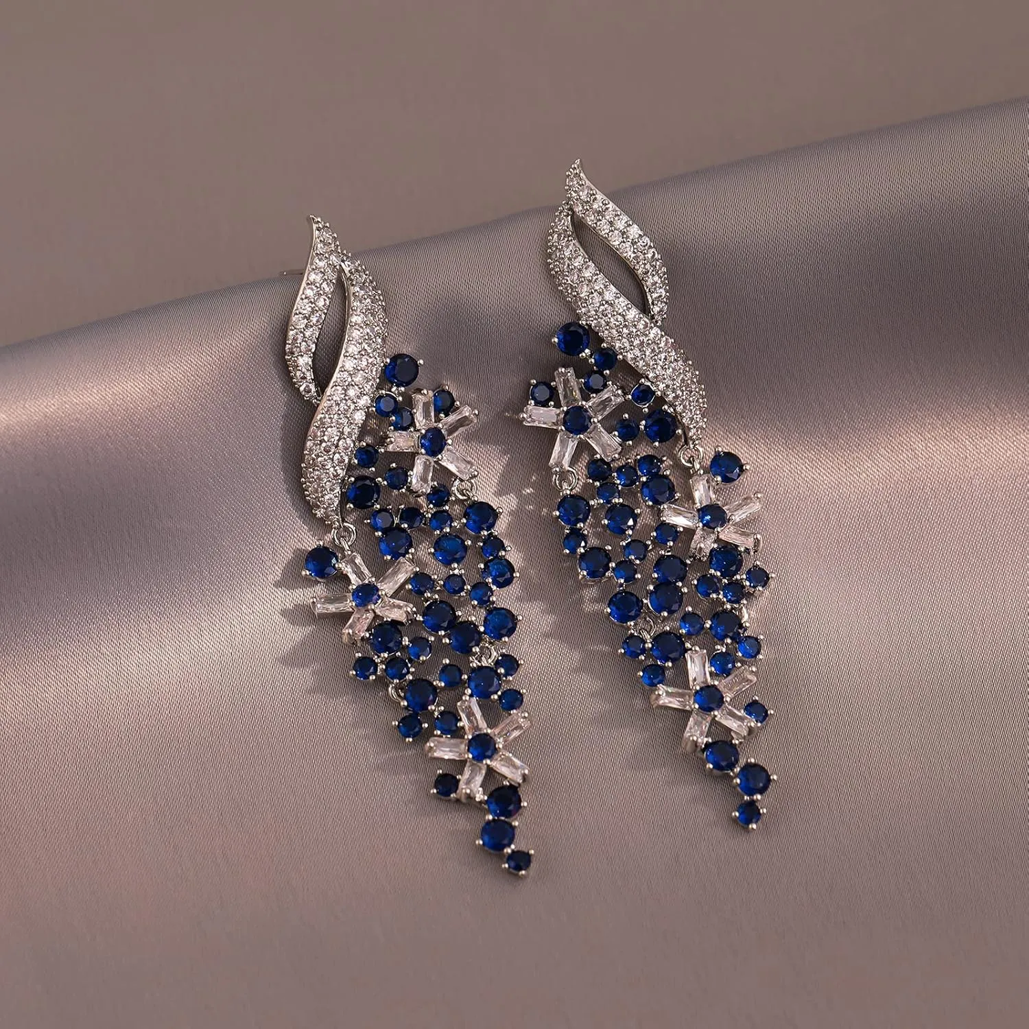 Zircon Gemstone Drop Dangle Earrings, Rhinestone Cluster Earrings Luxury Bridal Flower Fashion Jewelry, 18K Gold Plated 925 Sterling Silver Posts Sparkly Evening Dressy Earrings